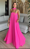 Pink Fashion Simple A-line Long chiffon Ball Gown Evening Dress Party Dress with Ribbon HZ1023