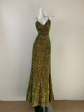 Green Vintage Fashion Shiny Elegant Spaghetti Straps Floor Length Velvet Sequin Ball Gown Evening Gown Party Dress Prom Gown HZ1023