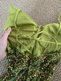 Green Vintage Fashion Shiny Elegant Spaghetti Straps Floor Length Velvet Sequin Ball Gown Evening Gown Party Dress Prom Gown HZ1023