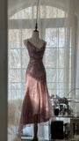 Pink Purple Romantic Fashion Elegant Exquisite Beaded Spaghetti Strap Long Tulle Chiffon Ruffle Ball Gown Evening Gown Party Dress HZ1023
