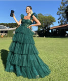 Hunter Green/Emerald Green A-Line Strap Tulle Tiered Long Prom Dress Party Dress HZ1023