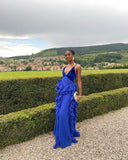 Blue v-neck low-cut hem ruffled slim long chiffon ball gown evening dress party dress HZ1023