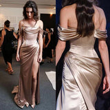 Brown retro fashion tight off-the-shoulder short sleeve floor-length train long satin ball gown evening dress party dress HZ1023
