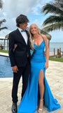 Blue Fashion Elegant V Neck Mermaid Long Sexy Slit Satin Slim Fit prom dress Evening Dress Party Dress HZ1023