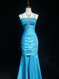 Blue Elegant Gorgeous Vintage Exquisite Beaded Long Mermaid Slim Satin Ball Gown Evening Dress Party Dress Prom Dress HZ1023