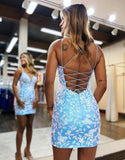 Blue fashion V-neck exquisite floral applique spaghetti straps short elegant homecoming dress evening dress party dress HZ1023