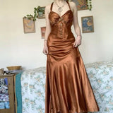 Beautiful Vintage Mermaid Strapless Sleeveless Brown Long Ball Gown Evening Dress with Beading HZ1023
