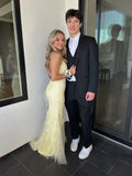 Yellow Fashion Elegant Delicate Floral Embroidery Applique Long Lace Mermaid Slim Ball Gown Evening Gown Party Dress HZ1023