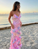 Dreamy elegant spaghetti strap pink layered ruffle maxi dress long chiffon evening gown ball gown HZ1023