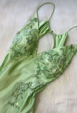 Green V-neck exquisite embroidery long satin ball gown evening dress HZ1023