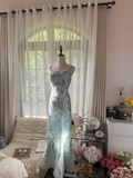 Light Blue Gorgeous Sparkling Fashion Elegant Exquisite Beaded Long Chiffon Fairy Ball Gown Evening Dress Birthday/Wedding Guest/Vacation Party Dress Prom Dress Valentine's Day Date Dress HZ1023