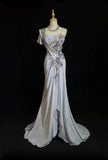 Grey Mermaid Embroidery Applique Exquisite Beading Sequin Spaghetti Strap Long satin Ball Gown Evening Gown Party Dress HZ1023