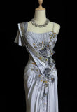 Grey Mermaid Embroidery Applique Exquisite Beading Sequin Spaghetti Strap Long satin Ball Gown Evening Gown Party Dress HZ1023