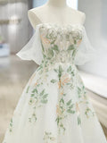 White exquisite floral fashion short sleeve long tulle floor length ball gown, evening dress, party dress HZ1023