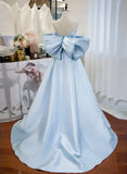 Light Blue Elegant A-line Off-shoulder Long Satin Ball Gown Formal Evening Dress HZ1023