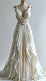 Light Ivory Delicate V-Neck Beaded A-Line Long Tulle Ball Gown, Evening Gown, Wedding Dress HZ1023
