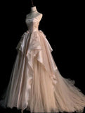 Pink Gorgeous Exquisite A-line Off-shoulder Beaded Long Tulle Ball Gown Wedding Dress Evening Gown HZ1023