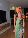 Green/Yellow Fashion Charming Mermaid Spaghetti Straps V Neck Sexy Slit Long Satin Elegant Prom Dress, Evening Dress, Party Dress HZ1023