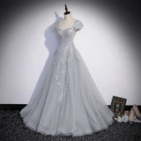 Grey Sweetheart Lace And Tulle A-Line Evening Dress, Light Grey Prom Dress HZ1023