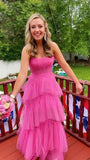 Hot pink elegant fashion long layered tulle bodycon princess ball gown evening dress HZ1023