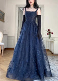 Navy Blue Vintage Fashion Elegant Strapless A-Line Delicate Lace Long Tulle Ball Gown Evening Dress HZ1023