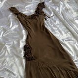 ??Brown Stunning Retro Unique Fashion Beautiful Elegant Exquisite Floral Long Ruffle Neckline Low Back Design Chiffon Ball Gown Evening Gown Birthday Party Gown Prom Gown HZ1023