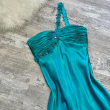 Beautiful Rehydrated Blue Exquisite One Shoulder Sequined Flower Strap Beaded Long satin Ball Gown Evening Gown Prom Gown Birthday Party Dress HZ1023