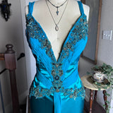 Blue Retro Fashion V-Neck Elegant Exquisite Beaded Floral Long Sexy Slim Spaghetti Strap Ball Gown Evening Gown Party Dress Prom Gown HZ1023