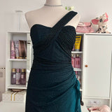 Turquoise Gradient Retro Fashion Sparkling Stunning Flowing One Shoulder Elegant Exquisite Rhinestone Long Chiffon Ball Gown Evening Gown Birthday Party Gown Prom Gown Graduation Gown HZ1023