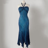 Dark Blue Fairy Mermaid Beaded Long Chiffon Formal Prom Evening Dress Wedding Guest Party Gown Dress Greek Halter Neck HZ1023