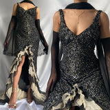 Black shiny elegant ruffle tulle long sequined ball gown prom dress evening gown Party Dresses HZ1023