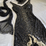 Black shiny elegant ruffle tulle long sequined ball gown prom dress evening gown Party Dresses HZ1023