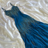 ???Vintage Blue Fashion Exquisite Silver Gold Beads Long Elegant Flowing Chiffon Ball Gown Evening Gown Party Dress Prom Gown HZ1023