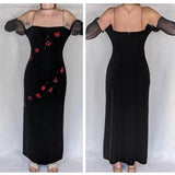 Black Vintage Elegant Delicate Rose Floral Beaded Long Velvet Ball Gown Evening Gown Birthday Party Gown Prom Gown HZ1023