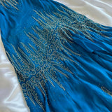 ???Vintage Blue Fashion Exquisite Silver Gold Beads Long Elegant Flowing Chiffon Ball Gown Evening Gown Party Dress Prom Gown HZ1023