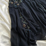 Dark Fairy Retro Navy Blue Fashion Elegant Beautiful Exquisite Gemstone Beaded Mid-Length Chiffon Ruffles Handmade Custom Prom Dress Evening Dress Party Dress Prom Dress HZ1023