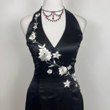 Black and white beautiful elegant fashion exquisite floral spaghetti straps long satin prom dress floor-length ball gown evening dress party dress HZ1023