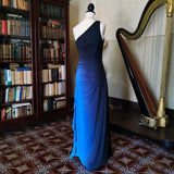 Blue retro fashion gradient elegant one shoulder long chiffon ball gown, evening dress, party dress HZ1023