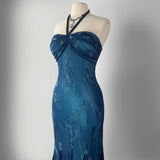 Dark Blue Fairy Mermaid Beaded Long Chiffon Formal Prom Evening Dress Wedding Guest Party Gown Dress Greek Halter Neck HZ1023