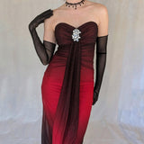 Black Red Fashion Gradient Retro Exquisite Rhinestone Elegant Shiny Long Chiffon Ball Dress Evening Dress Birthday Party Dress Prom Dress HZ1023