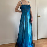 Vintage Fashion Blue Delicate Floral Beaded Ombre Spaghetti Strap Long Satin Tulle Fairy Ball Gown Square Neck Prom Dress Evening Dress Birthday Party Dress HZ1023