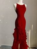 Black/Wine Red/White Fashion Elegant Spaghetti Strap Backless Long Chiffon Mermaid Slim Ruffle Ball Gown HZ1023