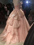 Pink Glitter Beading Elegant Long Tulle Ball Gown Evening Dress Graduation Dress HZ1023