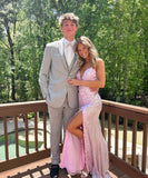 Pink Shiny Elegant Fashion V-Neck Mermaid Long Sequin Slit Sexy Floor-Length Ball Gown Evening Gown Party Dress HZ1023