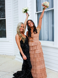 Nude elegant spaghetti strap long tulle tiered ball gown formal evening dress party dress HZ1023