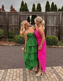 Green Spaghetti Straps Layered Long Prom Dress HZ1023