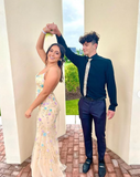 Light Yellow Shiny Floral Long Slim Fit Sequined Ball Gown Evening Dress Party Dress HZ1023