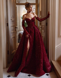 Burgundy shiny sexy Sequins elegant sweetheart neckline Long slit ball gown evening dress with gloves HZ1023