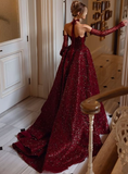 Burgundy shiny sexy Sequins elegant sweetheart neckline Long slit ball gown evening dress with gloves HZ1023