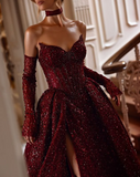 Burgundy shiny sexy Sequins elegant sweetheart neckline Long slit ball gown evening dress with gloves HZ1023